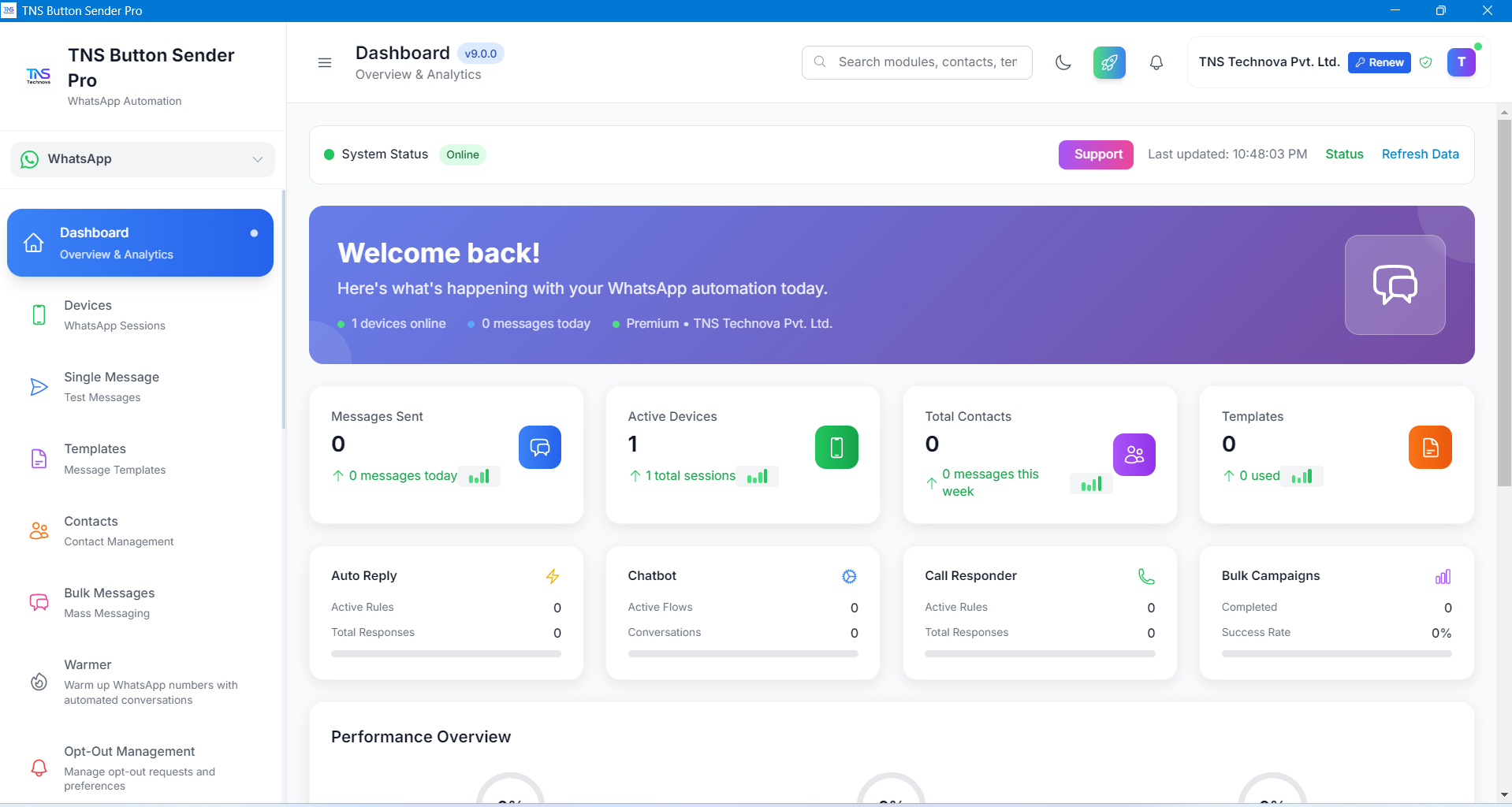 TNS Button Sender Pro dashboard
